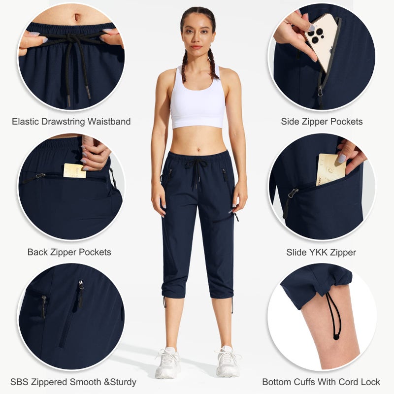 MOCOLY Women's Hiking Capris Pants Outdoor Lightweight Quick Dry Water Resistant UPF 50 Cargo Pants with Zipper Pockets Navy Blue L - Image 4
